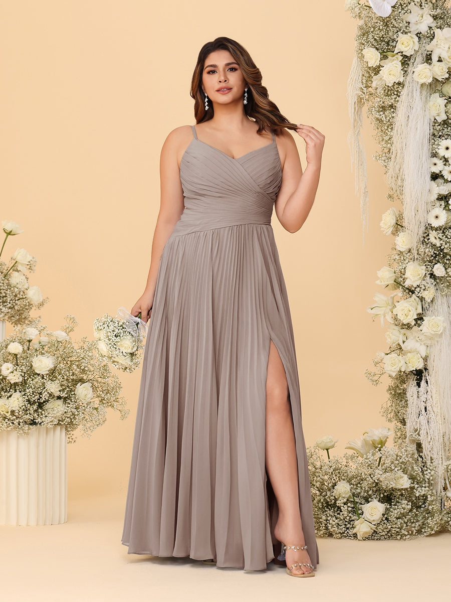 A-Line/Princess Spaghetti Straps Sleeveless Ruched Bridesmaid Dresses with Side Slit Taupe