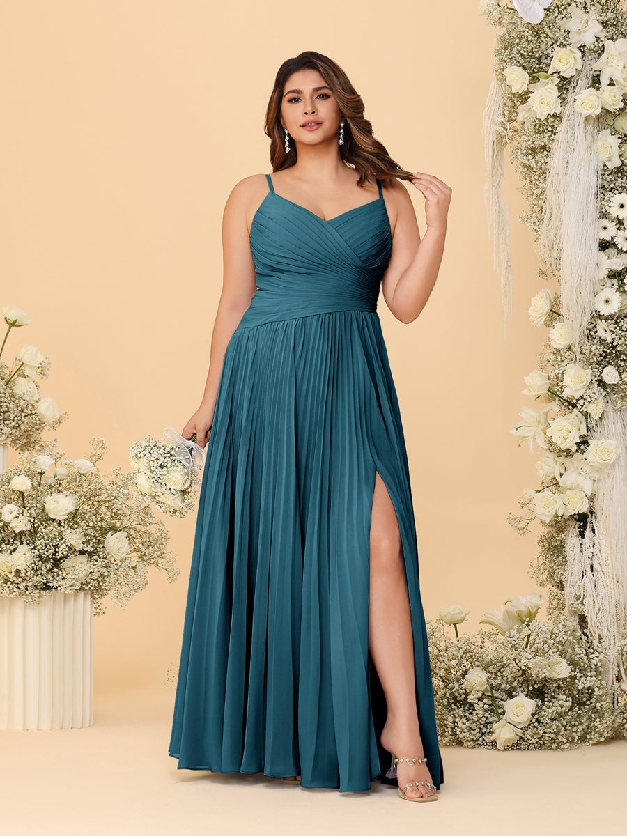 A-Line/Princess Spaghetti Straps Sleeveless Ruched Bridesmaid Dresses with Side Slit Teal