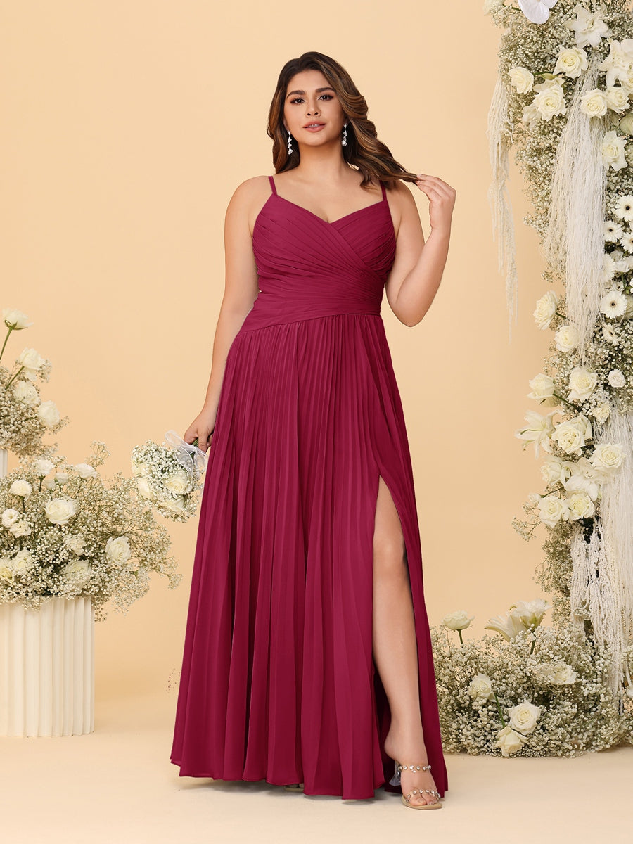 A-Line/Princess Spaghetti Straps Sleeveless Ruched Bridesmaid Dresses with Side Slit Wine Red