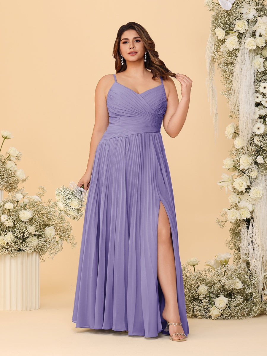 A-Line/Princess Spaghetti Straps Sleeveless Ruched Bridesmaid Dresses with Side Slit Wisteria