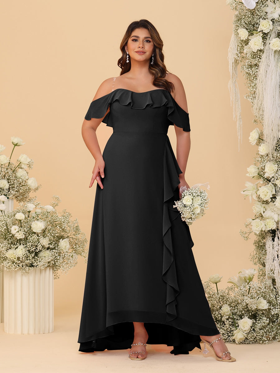A-Line/Princess Off-the-Shoulder Plus Size Bridesmaid Dresses with Ruffles Black