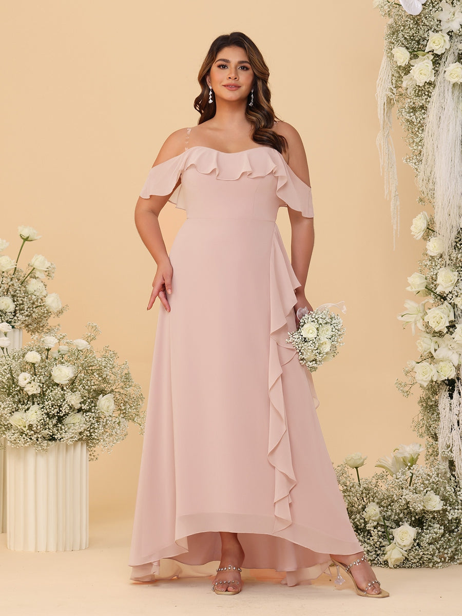 A-Line/Princess Off-the-Shoulder Plus Size Bridesmaid Dresses with Ruffles Blush Pink