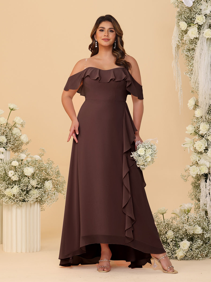 A-Line/Princess Off-the-Shoulder Plus Size Bridesmaid Dresses with Ruffles Brown