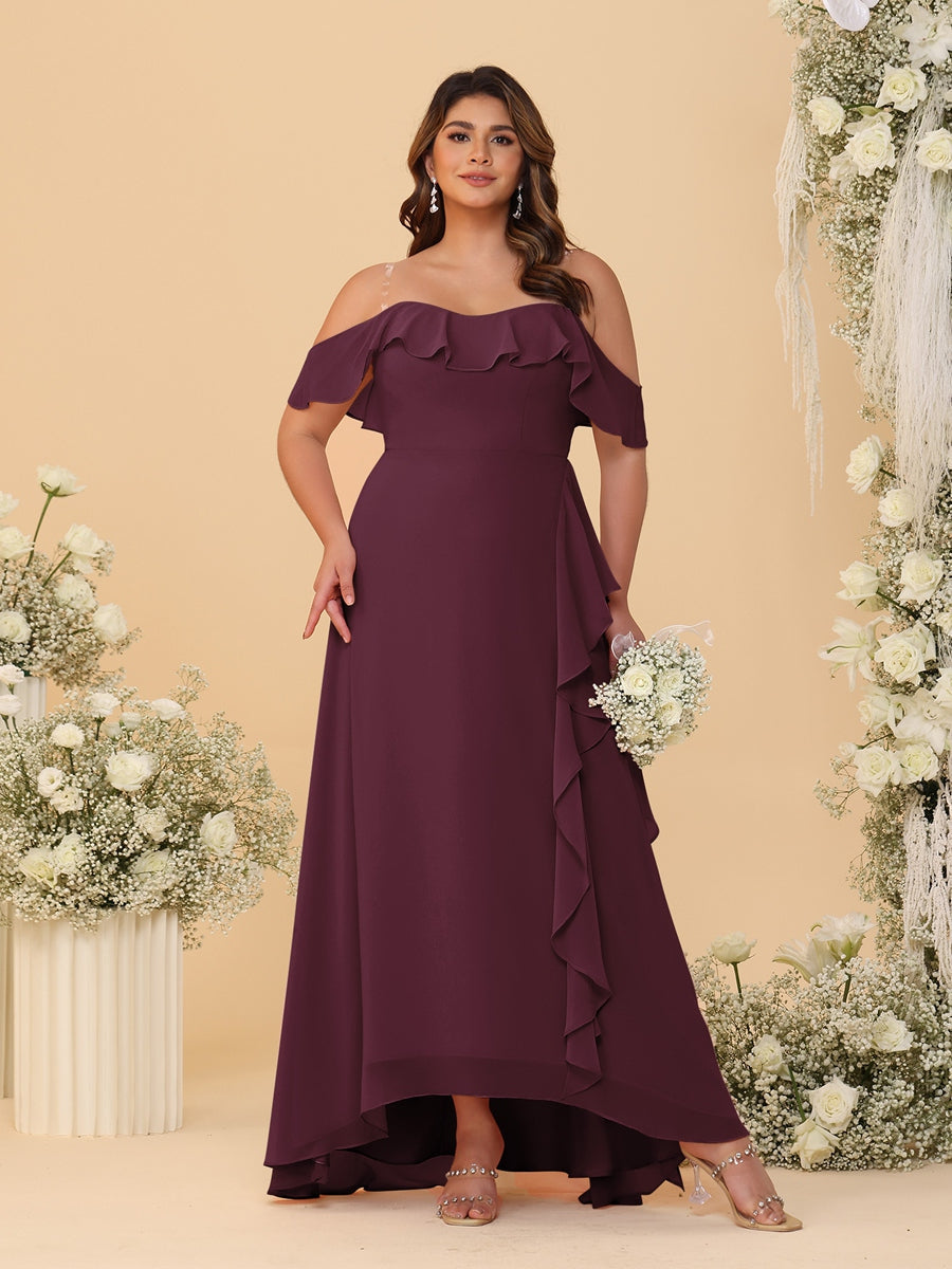 A-Line/Princess Off-the-Shoulder Plus Size Bridesmaid Dresses with Ruffles Burgundy