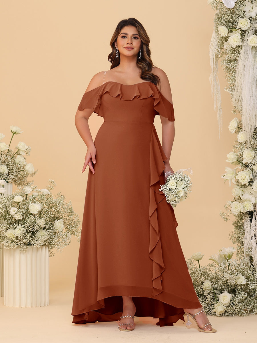 A-Line/Princess Off-the-Shoulder Plus Size Bridesmaid Dresses with Ruffles Burnt Orange