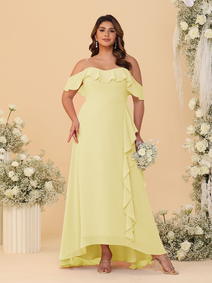 A-Line/Princess Off-the-Shoulder Plus Size Bridesmaid Dresses with Ruffles Canary