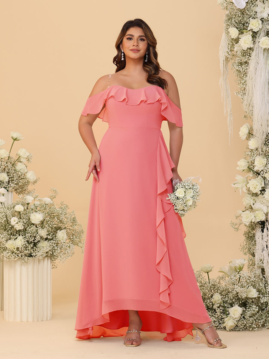 A-Line/Princess Off-the-Shoulder Plus Size Bridesmaid Dresses with Ruffles Coral