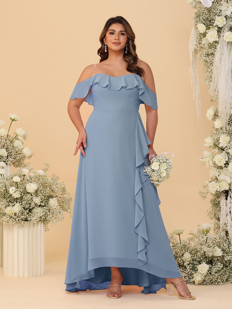 A-Line/Princess Off-the-Shoulder Plus Size Bridesmaid Dresses with Ruffles Dusty Blue