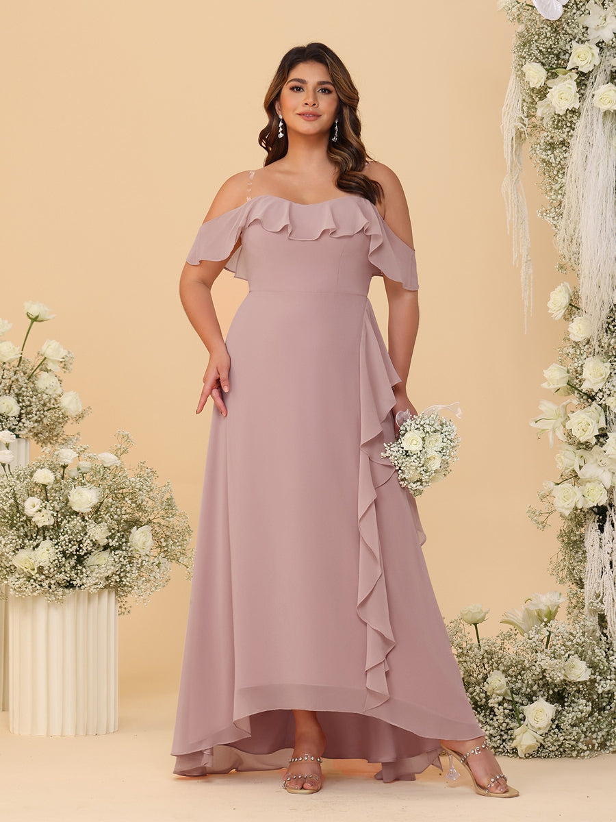 A-Line/Princess Off-the-Shoulder Plus Size Bridesmaid Dresses with Ruffles Dusty Pink