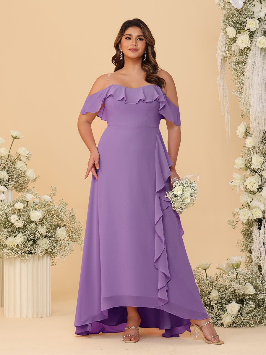 A-Line/Princess Off-the-Shoulder Plus Size Bridesmaid Dresses with Ruffles Dusty Purple