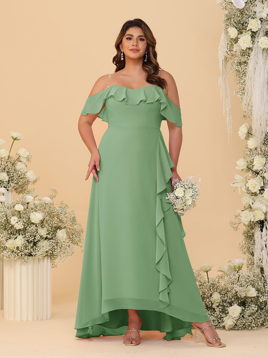 A-Line/Princess Off-the-Shoulder Plus Size Bridesmaid Dresses with Ruffles Dusty Sage