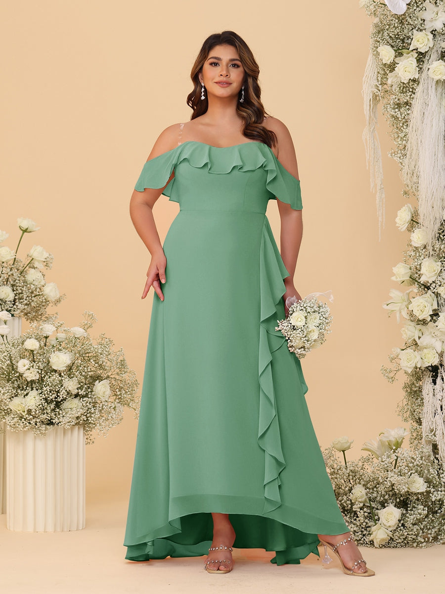 A-Line/Princess Off-the-Shoulder Plus Size Bridesmaid Dresses with Ruffles Eucalyptus