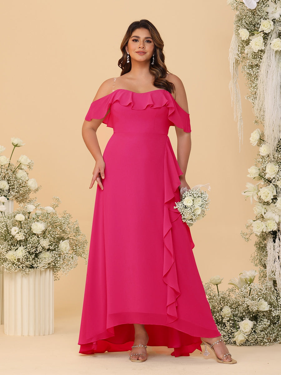 A-Line/Princess Off-the-Shoulder Plus Size Bridesmaid Dresses with Ruffles Fuchsia Pink