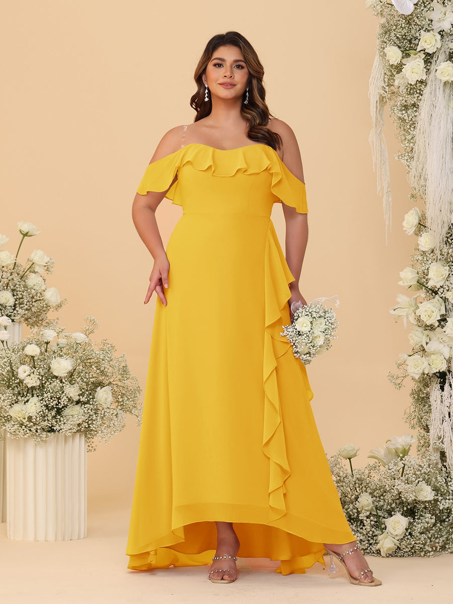 A-Line/Princess Off-the-Shoulder Plus Size Bridesmaid Dresses with Ruffles Gold
