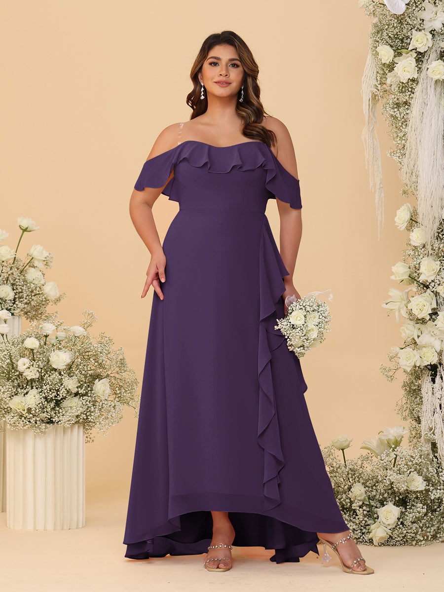 A-Line/Princess Off-the-Shoulder Plus Size Bridesmaid Dresses with Ruffles Grape