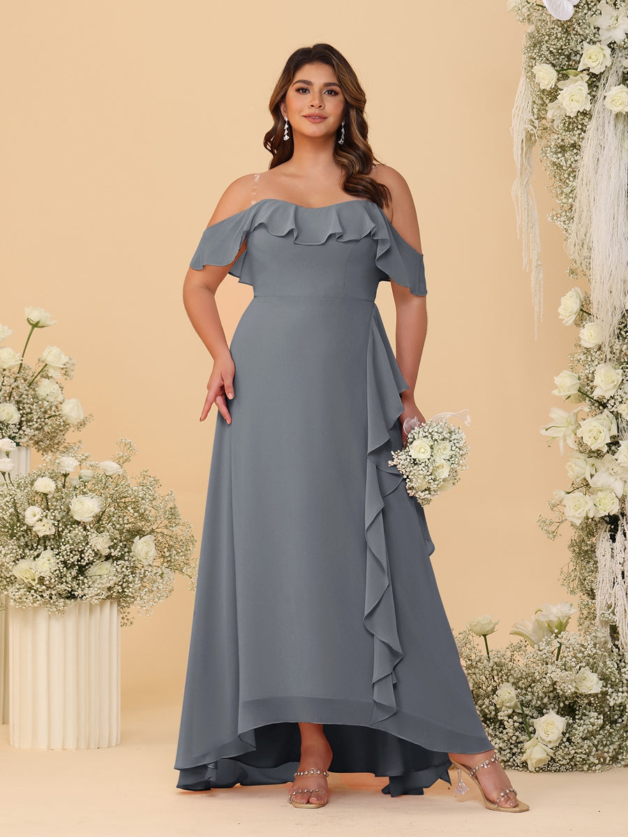A-Line/Princess Off-the-Shoulder Plus Size Bridesmaid Dresses with Ruffles Gray