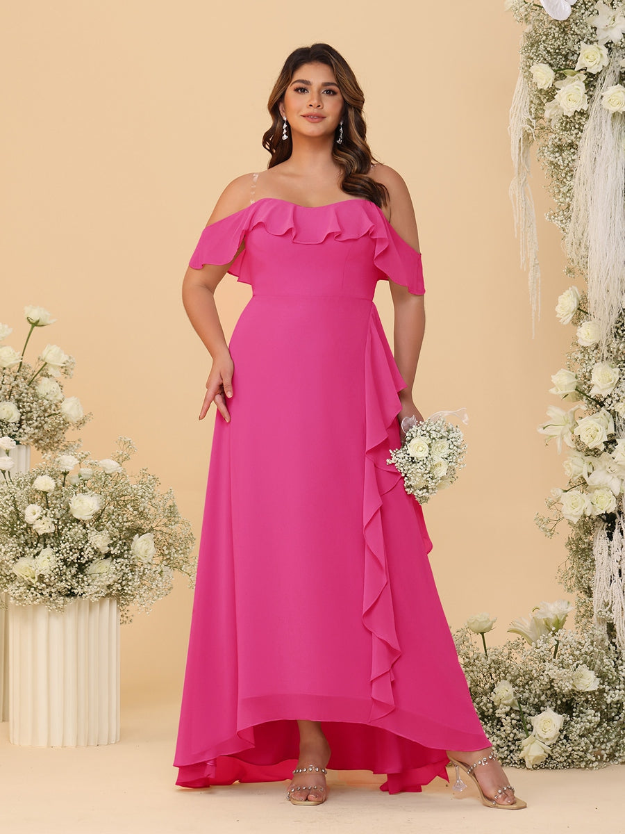 A-Line/Princess Off-the-Shoulder Plus Size Bridesmaid Dresses with Ruffles Hot Pink