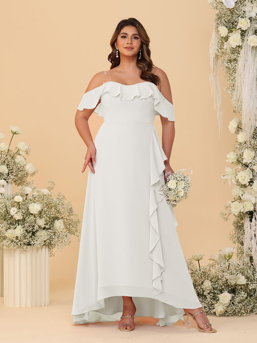 A-Line/Princess Off-the-Shoulder Plus Size Bridesmaid Dresses with Ruffles Ivory