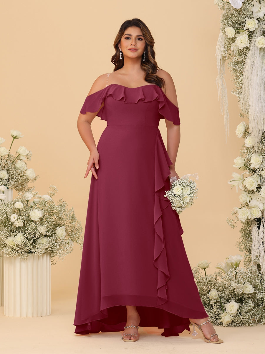 A-Line/Princess Off-the-Shoulder Plus Size Bridesmaid Dresses with Ruffles Light Burgundy