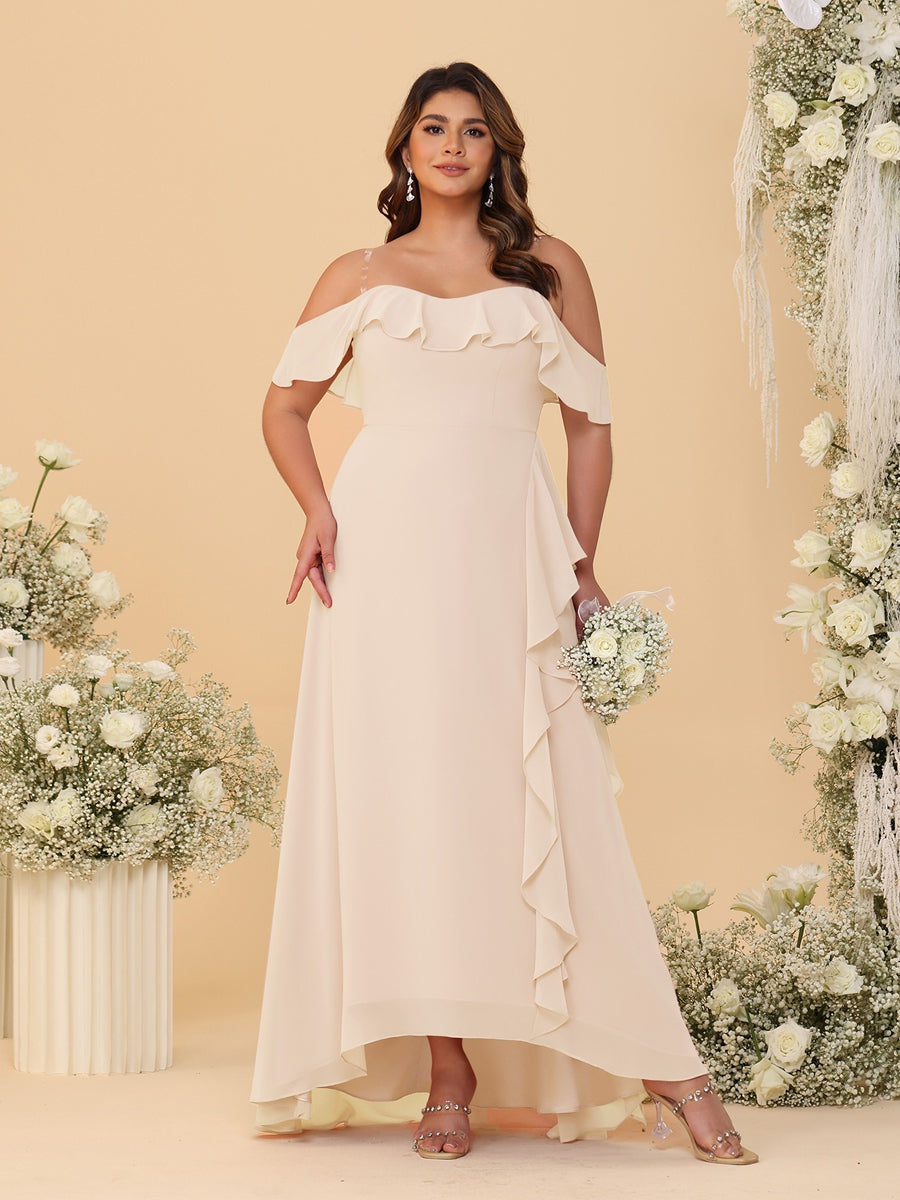 A-Line/Princess Off-the-Shoulder Plus Size Bridesmaid Dresses with Ruffles Light Champagne
