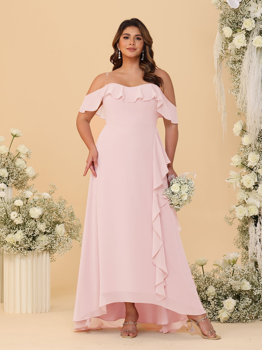 A-Line/Princess Off-the-Shoulder Plus Size Bridesmaid Dresses with Ruffles Light Pink