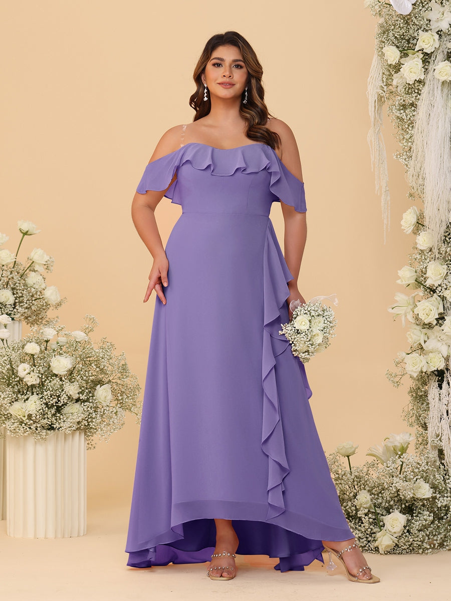 A-Line/Princess Off-the-Shoulder Plus Size Bridesmaid Dresses with Ruffles Light Purple