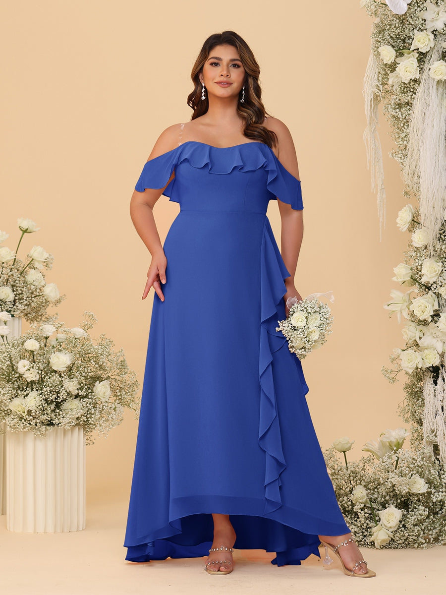 A-Line/Princess Off-the-Shoulder Plus Size Bridesmaid Dresses with Ruffles Light Royal Blue