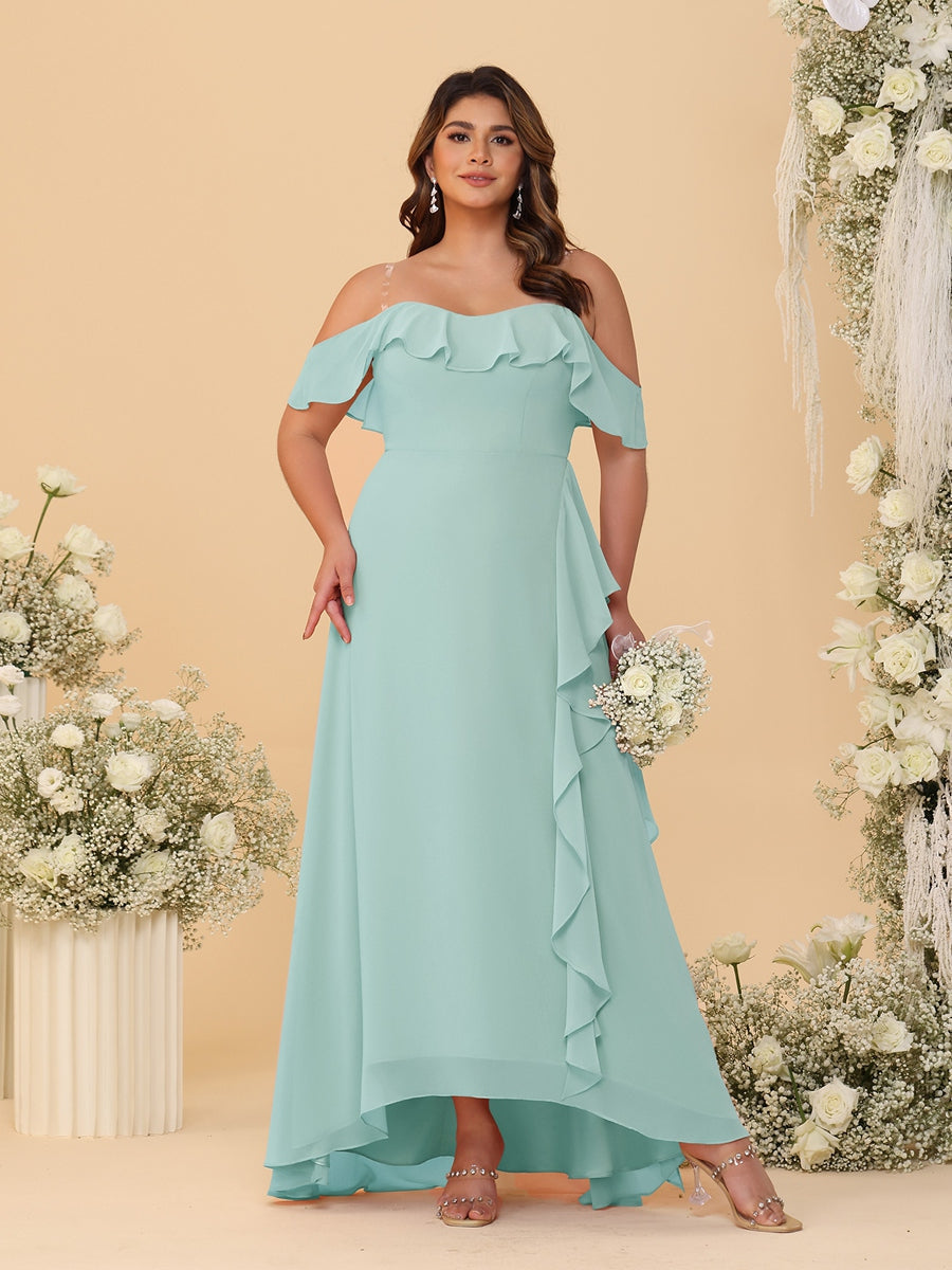 A-Line/Princess Off-the-Shoulder Plus Size Bridesmaid Dresses with Ruffles Mist Blue
