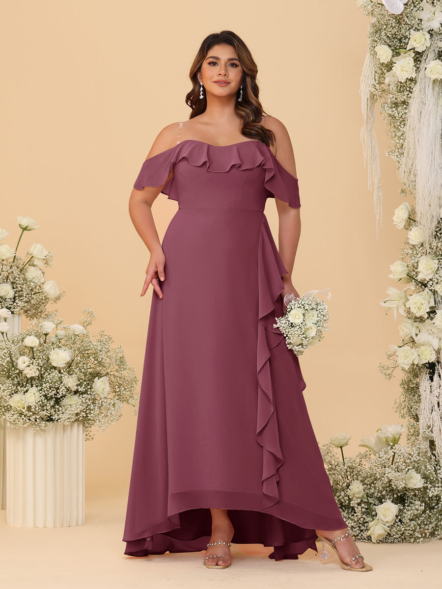 A-Line/Princess Off-the-Shoulder Plus Size Bridesmaid Dresses with Ruffles Mulberry