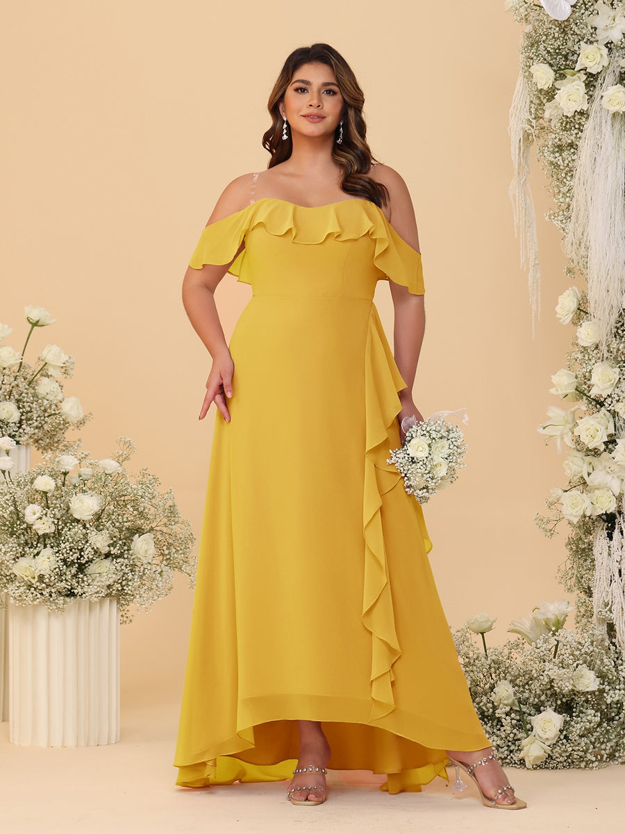 A-Line/Princess Off-the-Shoulder Plus Size Bridesmaid Dresses with Ruffles Mustard Yellow