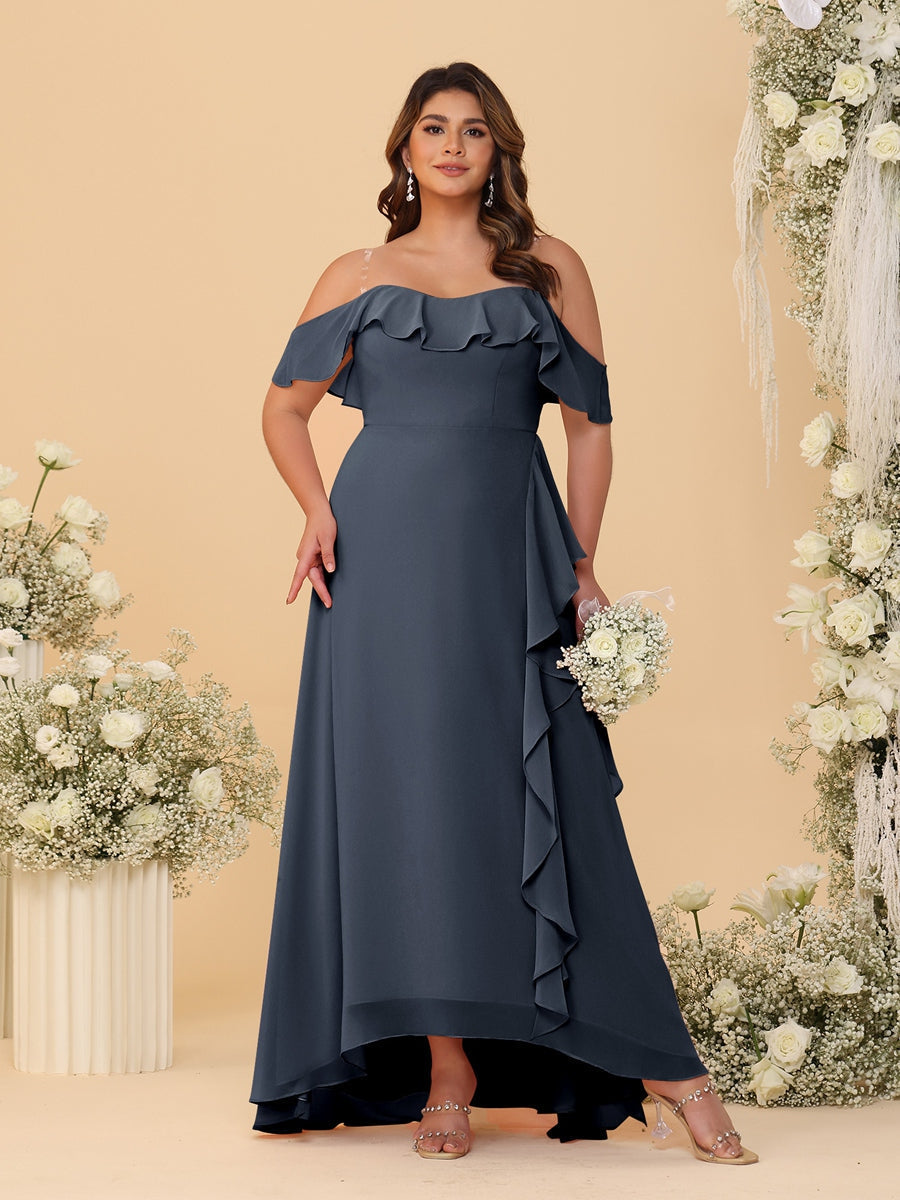A-Line/Princess Off-the-Shoulder Plus Size Bridesmaid Dresses with Ruffles Navy Blue