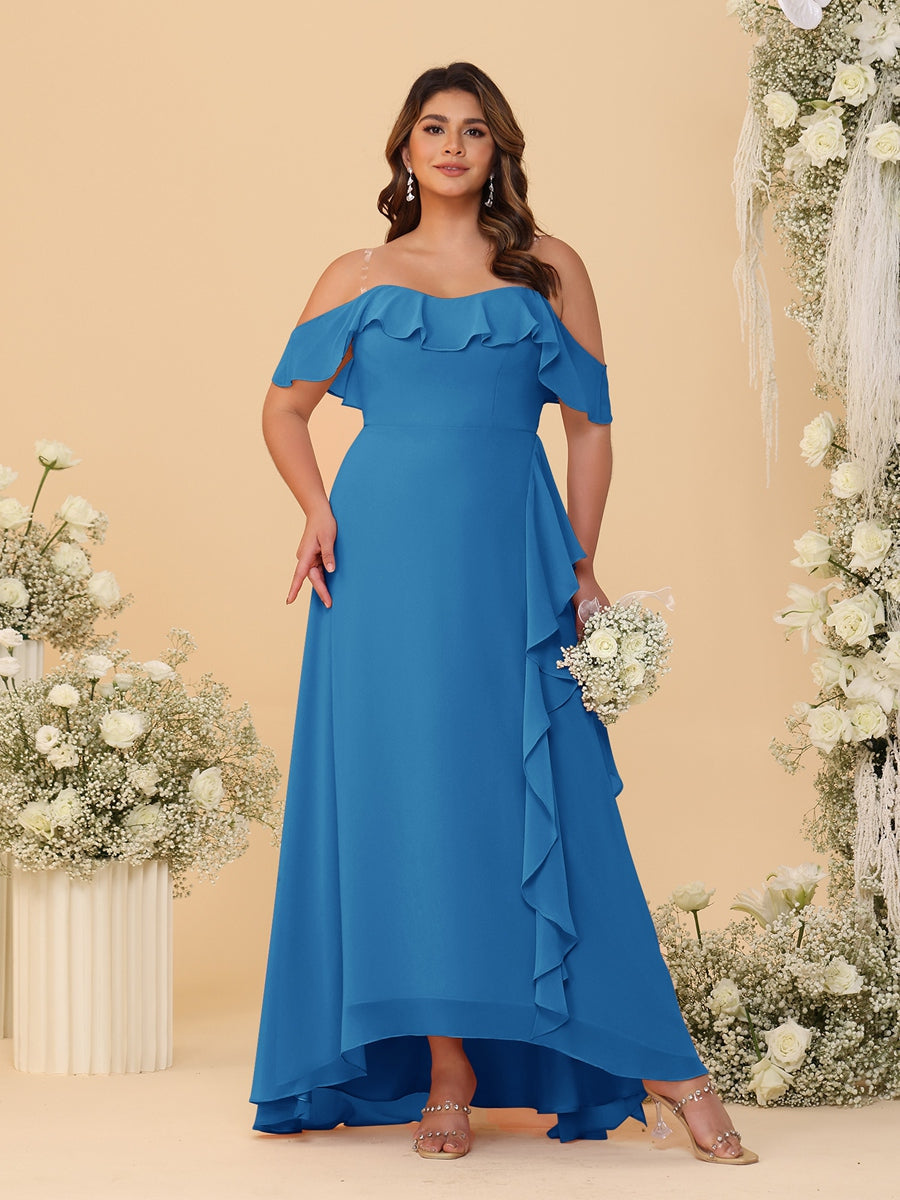 A-Line/Princess Off-the-Shoulder Plus Size Bridesmaid Dresses with Ruffles Ocean Blue