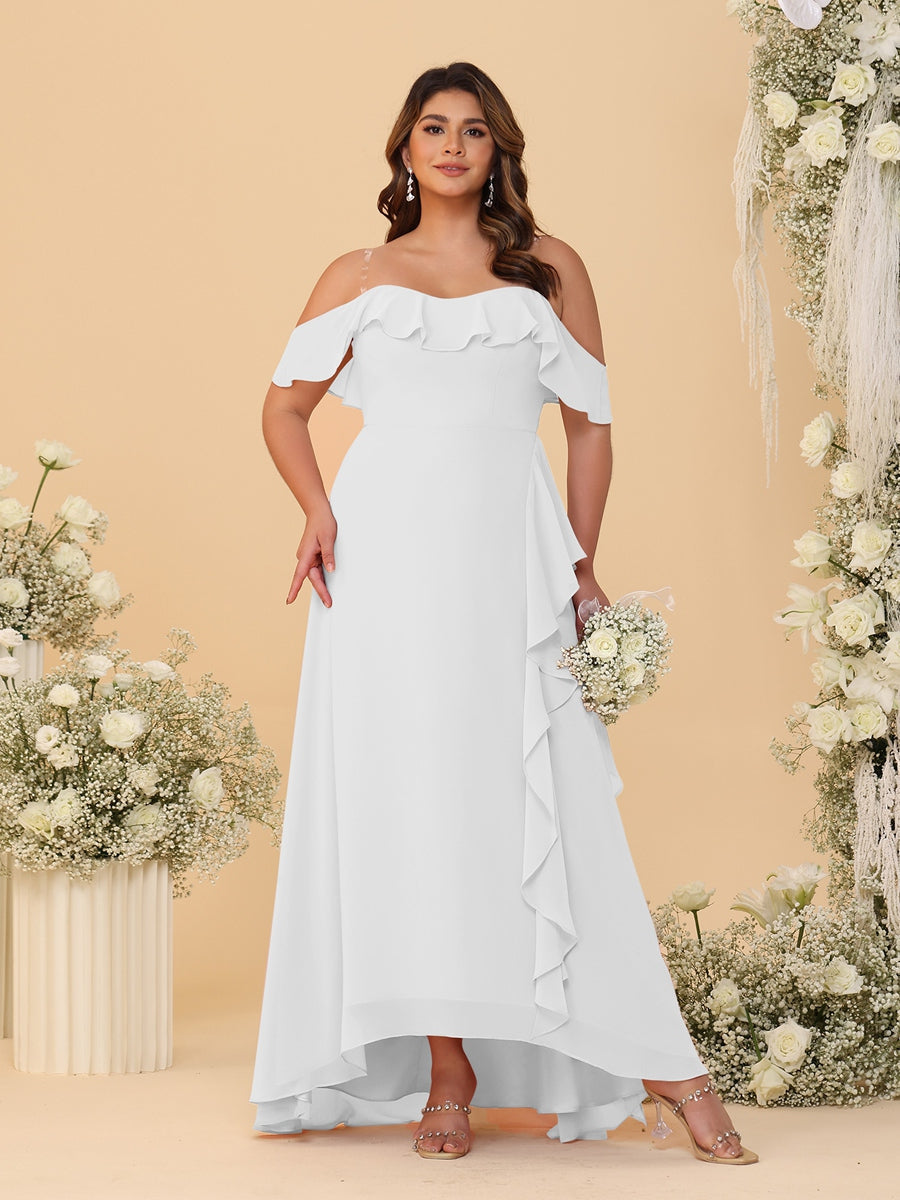 A-Line/Princess Off-the-Shoulder Plus Size Bridesmaid Dresses with Ruffles Off White
