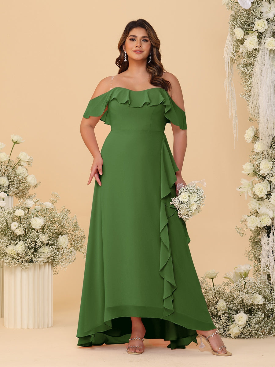 A-Line/Princess Off-the-Shoulder Plus Size Bridesmaid Dresses with Ruffles Olive Green