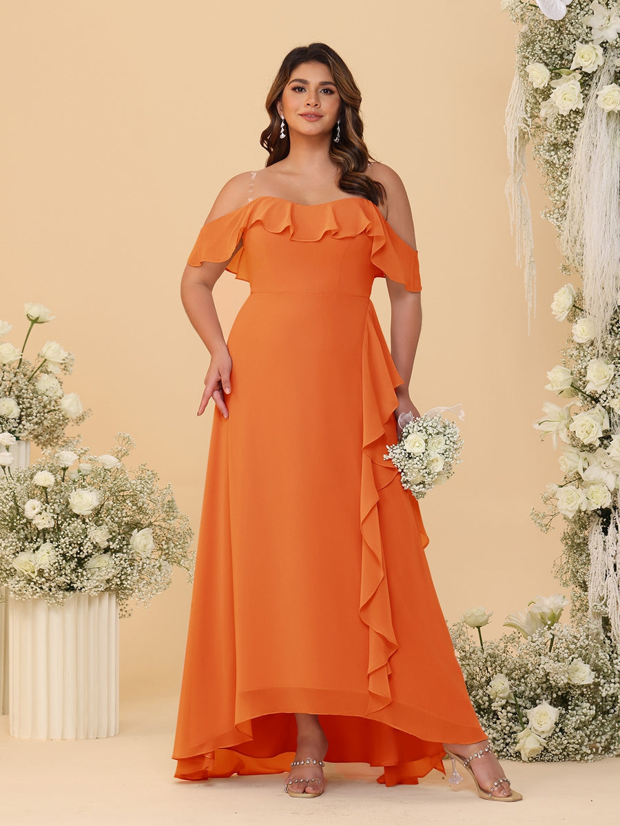 A-Line/Princess Off-the-Shoulder Plus Size Bridesmaid Dresses with Ruffles Orange