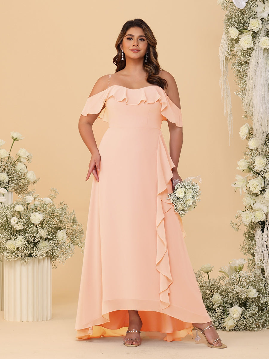 A-Line/Princess Off-the-Shoulder Plus Size Bridesmaid Dresses with Ruffles Peach Pink