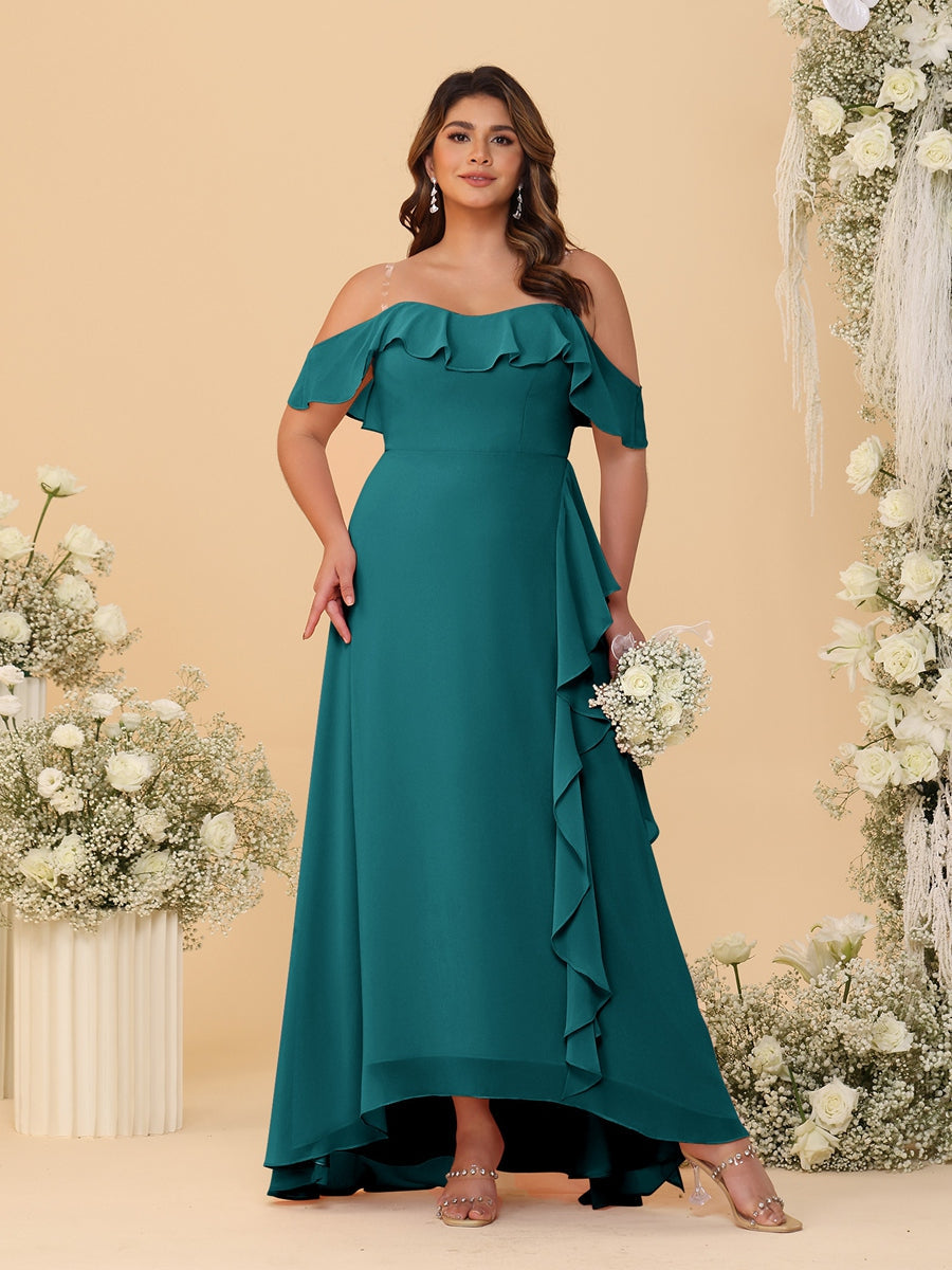 A-Line/Princess Off-the-Shoulder Plus Size Bridesmaid Dresses with Ruffles Peacock
