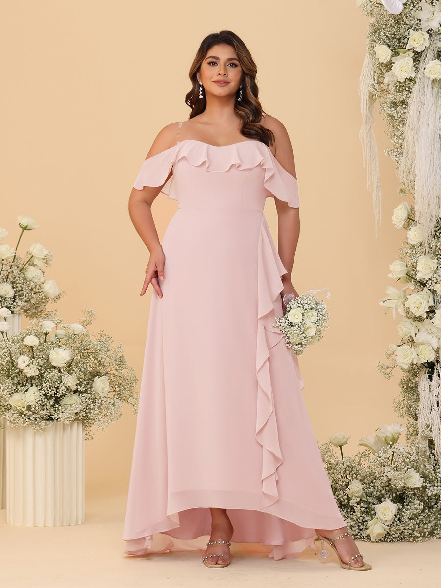 A-Line/Princess Off-the-Shoulder Plus Size Bridesmaid Dresses with Ruffles Pearl Pink