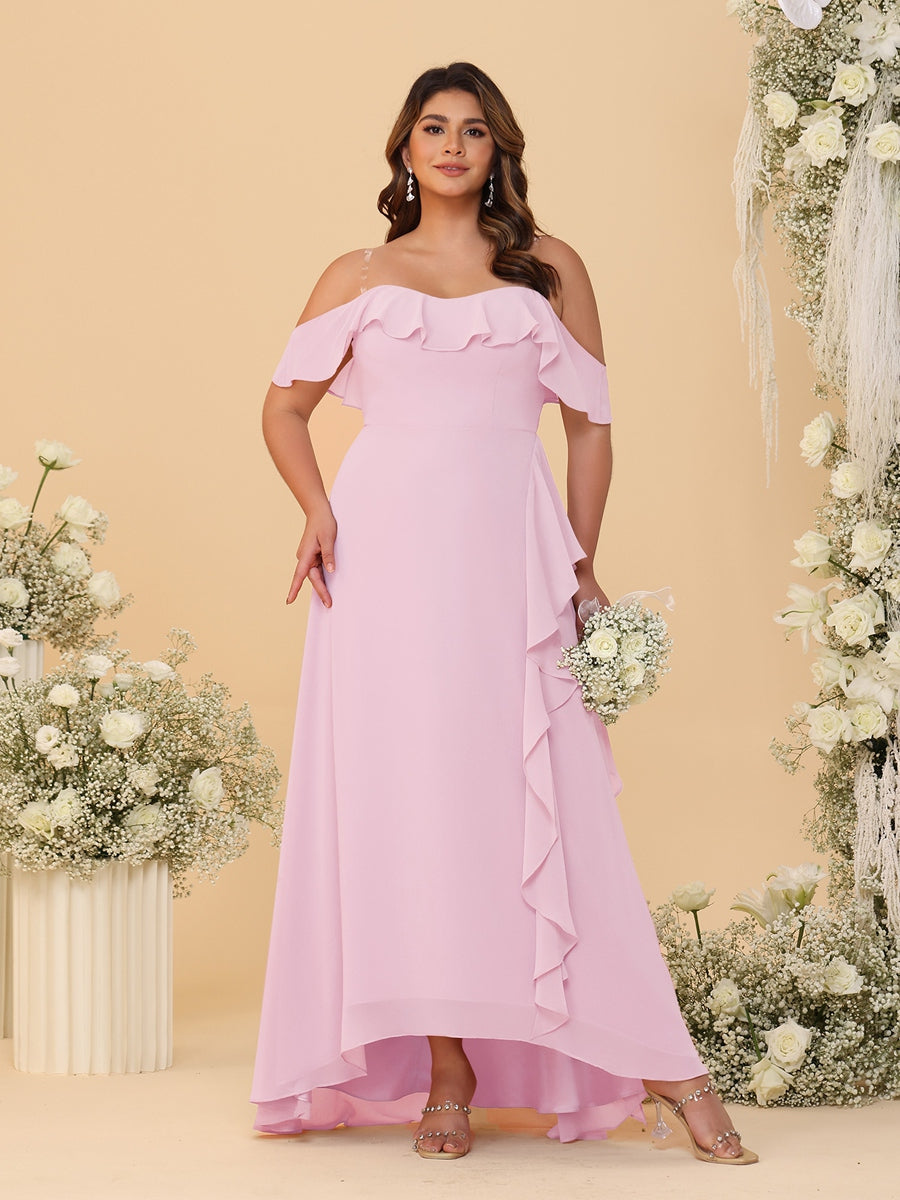 A-Line/Princess Off-the-Shoulder Plus Size Bridesmaid Dresses with Ruffles Pink
