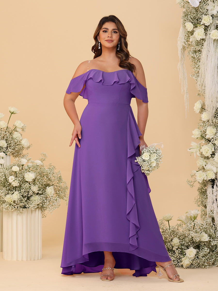 A-Line/Princess Off-the-Shoulder Plus Size Bridesmaid Dresses with Ruffles Purple
