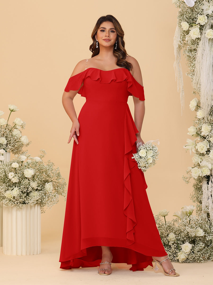 A-Line/Princess Off-the-Shoulder Plus Size Bridesmaid Dresses with Ruffles Red