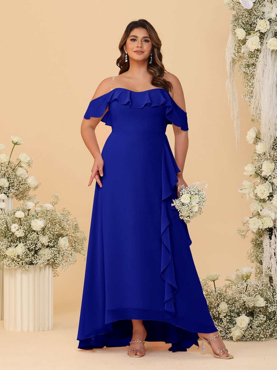 A-Line/Princess Off-the-Shoulder Plus Size Bridesmaid Dresses with Ruffles Royal Blue