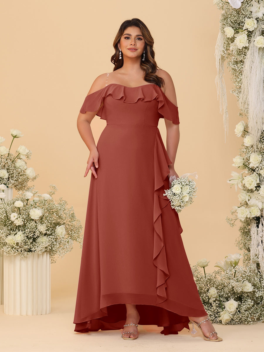 A-Line/Princess Off-the-Shoulder Plus Size Bridesmaid Dresses with Ruffles Rust