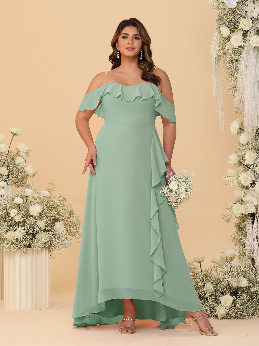 A-Line/Princess Off-the-Shoulder Plus Size Bridesmaid Dresses with Ruffles Sage