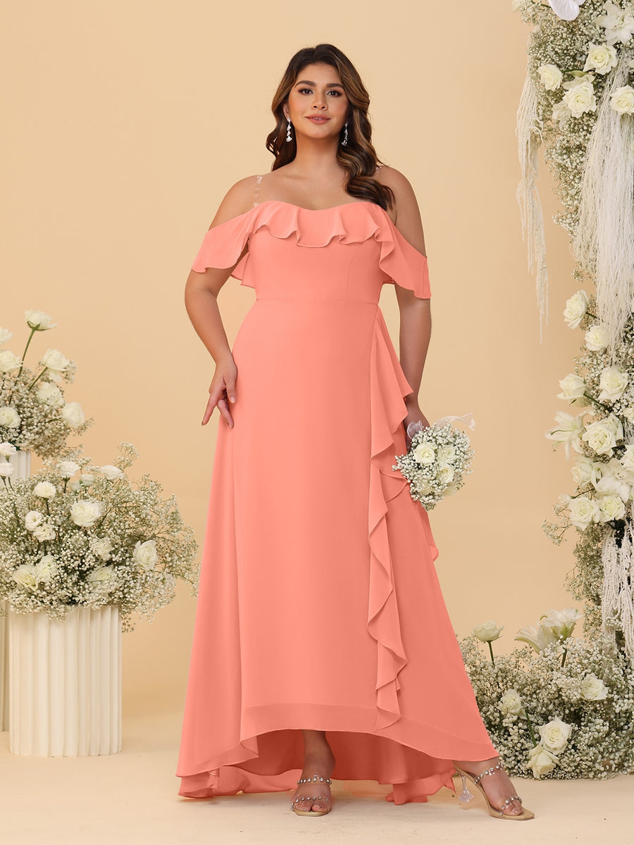 A-Line/Princess Off-the-Shoulder Plus Size Bridesmaid Dresses with Ruffles Salmon