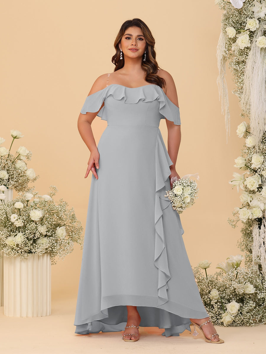 A-Line/Princess Off-the-Shoulder Plus Size Bridesmaid Dresses with Ruffles Silver