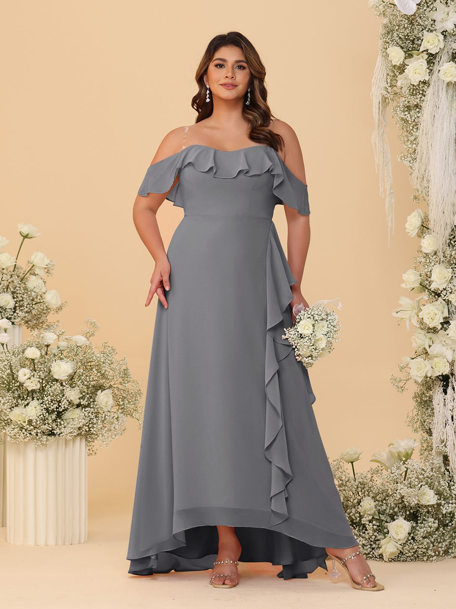 A-Line/Princess Off-the-Shoulder Plus Size Bridesmaid Dresses with Ruffles Silver Gray