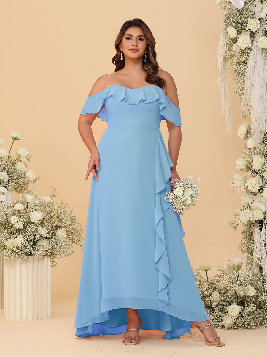 A-Line/Princess Off-the-Shoulder Plus Size Bridesmaid Dresses with Ruffles Sky Blue