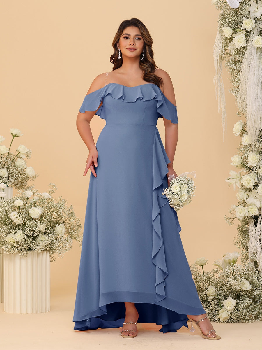 A-Line/Princess Off-the-Shoulder Plus Size Bridesmaid Dresses with Ruffles Steel Blue