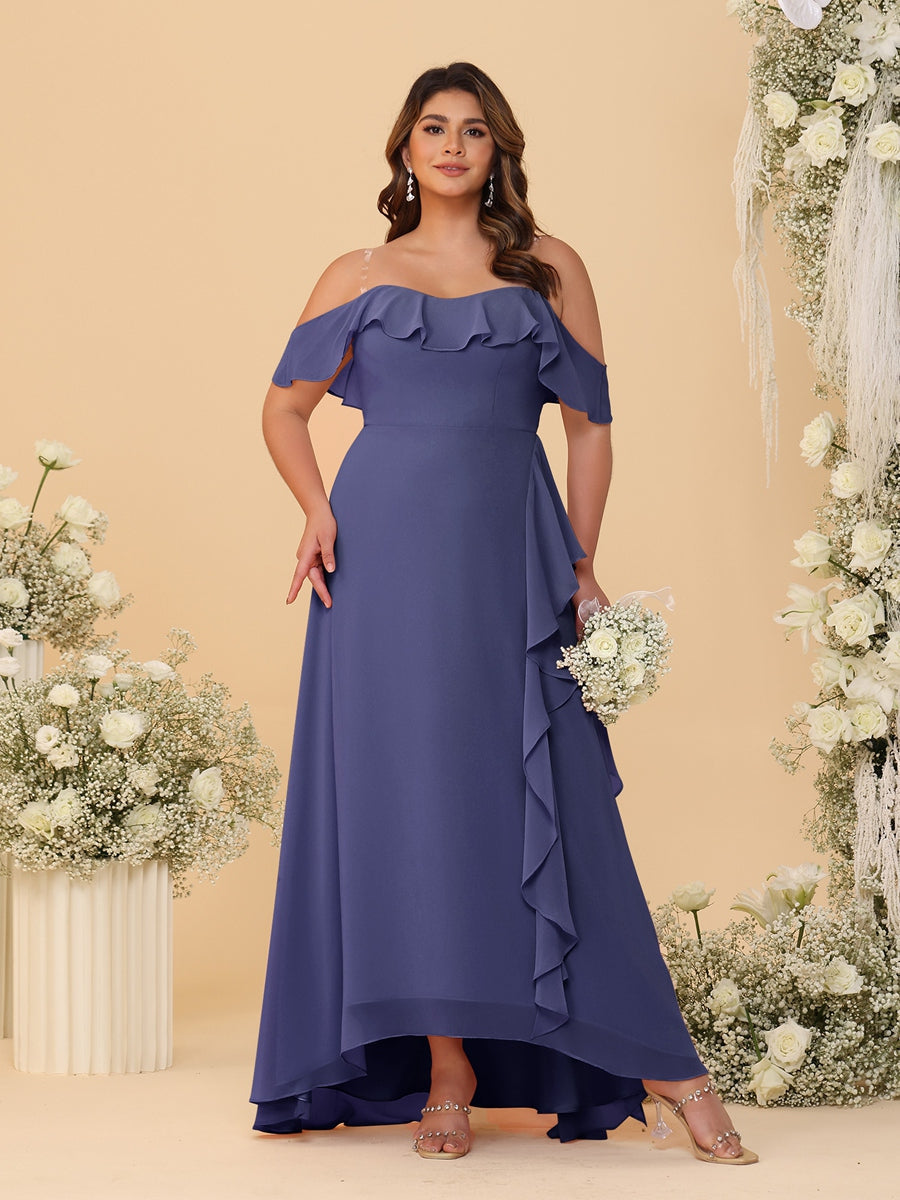 A-Line/Princess Off-the-Shoulder Plus Size Bridesmaid Dresses with Ruffles Stormy Blue